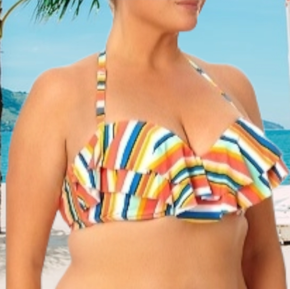 New TIME & TRU Plus Size Multicolored Stripes Ruffle Bandeau Bikini Swimsuit Top